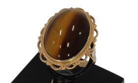 Tijgeroog edelsteen 14 karaats gouden vintage dames ring