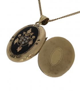 Antieke 14k gouden foto medaillon hanger zwart emaille blisterparels