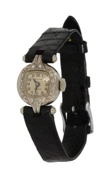 Antiek dames polshorloge met diamanten witgoud 14 karaats fraai vintage sieraad handgemaakt lederen band