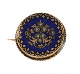 Blauw emaille met roosdiamanten broche antiek goud ca. 1850