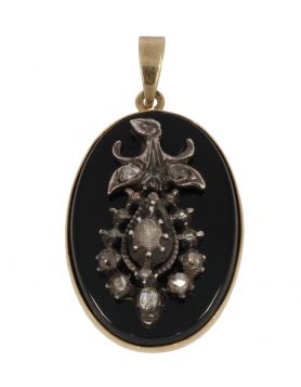 Roosdiamanten bloem antieke 14k gouden onyx ketting hanger