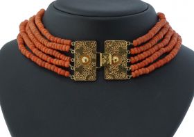Filigrain antiek haakslot 14k ca. 1880 5-strengs bloedkoralen ketting 