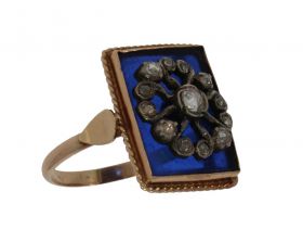 Roosdiamanten antieke bloem ring blauw glas ca. 1900 dames