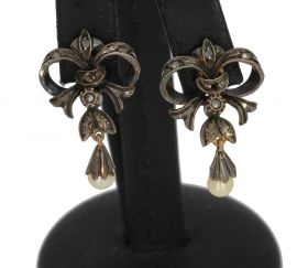 Gouden antiek set oorbellen roosdiamanten parels dames