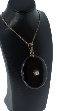 Antieke onyx medaillon hanger ketting parel roos diamant