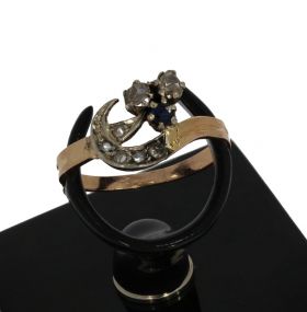 Antieke 14k gouden ring met 7 roosdiamanten en saffier