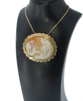 Grote 14k gouden schelp camee hanger broche dorpsgezicht handgemaakt