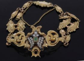 Antieke 14k gouden armband Victoriaans parels en smaragd