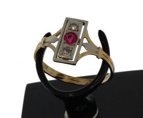 Robijn met roosdiamanten antieke 14k gouden ring bicolor