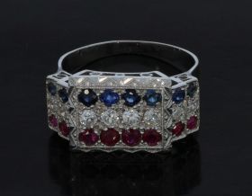 18 karaats gouden Art Deco stijl ring diamant saffier robijn