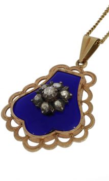 Blauw glas roosdiamant antieke bloem 14k gouden ketting hanger