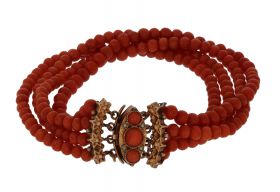 Bloedkoraal antieke 4-strengs armband 14k gouden slot blisterparels