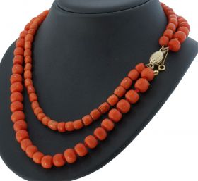 Bloedkoraal robuust kaasjes kralen collier tonnetjes 14k gouden design slot vintage