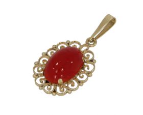 Antieke 14k gouden ketting hanger ajourbewerkt dieprode bloedkoraal