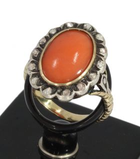 14 roosdiamanten bloedkoraal antieke 14k gouden ring victoriaans