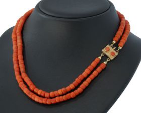 Bloedkoraal antieke 2-strengs ketting 14k gouden vintage slot