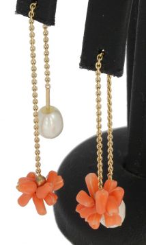 14 karaats gouden set dames oorbellen bloem koraal parel anker schakel staafjes ketting handgemaakt sieraad
