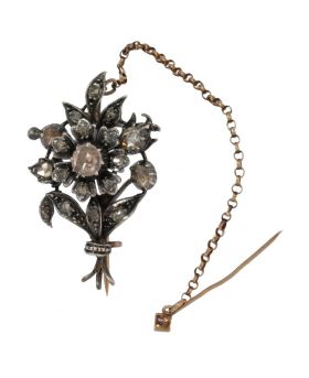 Tak bloem broche antiek goud 19 roosdiamanten zilver