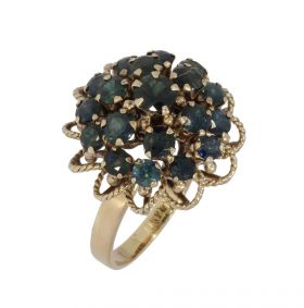 Cocktailring ring blauw groene stenen vintage dames juweel goud