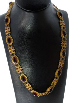 Antiek 19e eeuws gouden collier met bootjes granaat schakel 14k goud