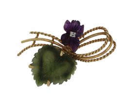14 karaats gouden bloembroche diamant Jade Nefriet en Amethist