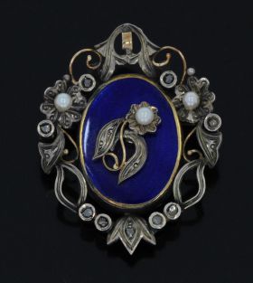 18k gouden en zilveren broche roosdiamanten parels blauw emaille