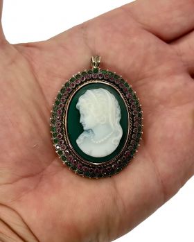 Grote camee portret hanger broche 14k goud zilver smaragd en robijnen vintage