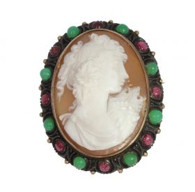 Granaten chrysopraas schelpcamee broche hanger dame 14k goud en zilver