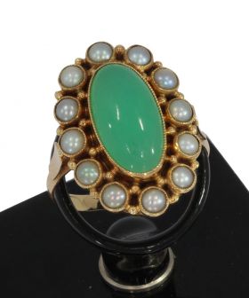 Chrysopraas 14k gouden dames ring 12 parels entourage