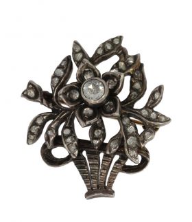 Giardinetti bloemenmand broche antiek diamanten 14k goud zilver