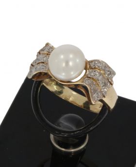 Retro 14 karaats gouden parel ring met 20 diamanten