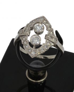 Art Deco navette ring 14k witgoud met 24 diamanten handgemaakt