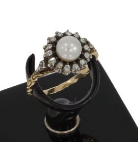 Rozet 14 roosgeslepen diamanten parel antieke 14k gouden ring victoriaans