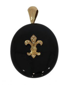 Onyx ovale medaillon ketting hanger Fleur de Lis blisterparels 14k goud