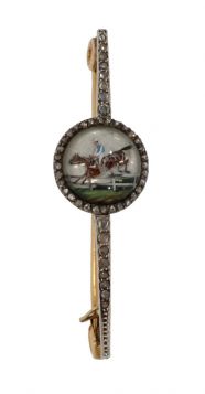 Jockey te paard intaglio antieke 18k roosdiamanten platina broche