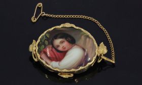 Porselein antieke 14k gouden broche jongedame bladmotief 19e eeuws