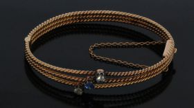 Roosdiamanten saffier 14 karaats rose gouden stijve armband antiek