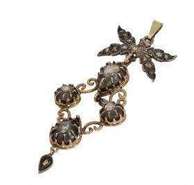 Antieke hanger 14k goud met roosgeslepen diamanten in zilver groot model