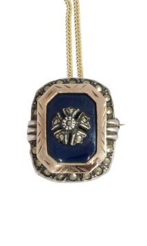 Blauw glas met markasiet 14k gouden en zilveren hanger broche antiek