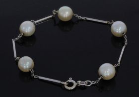 Vintage zoetwater parel armband 18k gouden staafjes klassiek