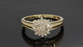 Geelgouden 14 karaats dames ring met een entourage van 25 briljant geslepen diamanten in witgouden chaton zetting(totaal ca. 0,30ct, SI, F-G). Verfijnd gemaakt juweel, de ringmaat is 17,75/18 (56), doorsnee ringkop 10mm, gewicht 3 gram. Conditie uitmunten