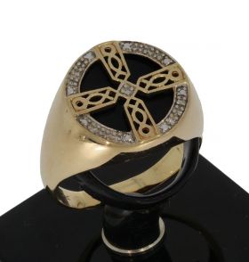 14k gouden ring met diamanten kruis en onyx zegel