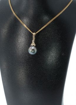 Grijszwarte parel met 7 diamanten 14k gouden clip collier ketting hanger