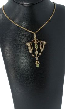 Antieke art nouveau ketting hanger jugendstil peridot blisterparels handgemaakt sieraad engeland fraaie dames hanger kopen