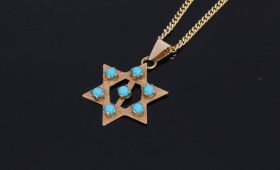 Davidster 14 karaats gouden ketting hanger turkoois edelsteen Israel