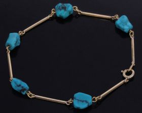 18 karaats gouden turkoois edelsteen staafjes vintage armband