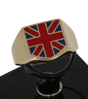 Gouden signet zegelring met Engelse vlag in rood en blauw emaille