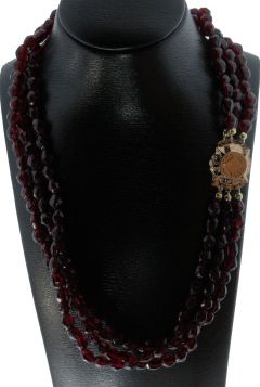 3-strengs glasgranaten collier antiek 14 karaats gouden slot