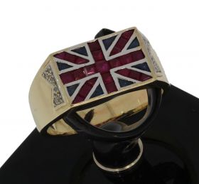 Unieke gouden ring met Engelse vlag in saffier robijn en diamanten