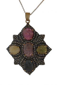 Antieke zilveren edelstenen hanger met 228 roosdiamanten aan 18k gouden collier